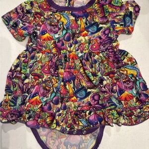 Colorful Alice in Wonderland Fantasy Print Kids Bamboo Bodysuit with Skirt